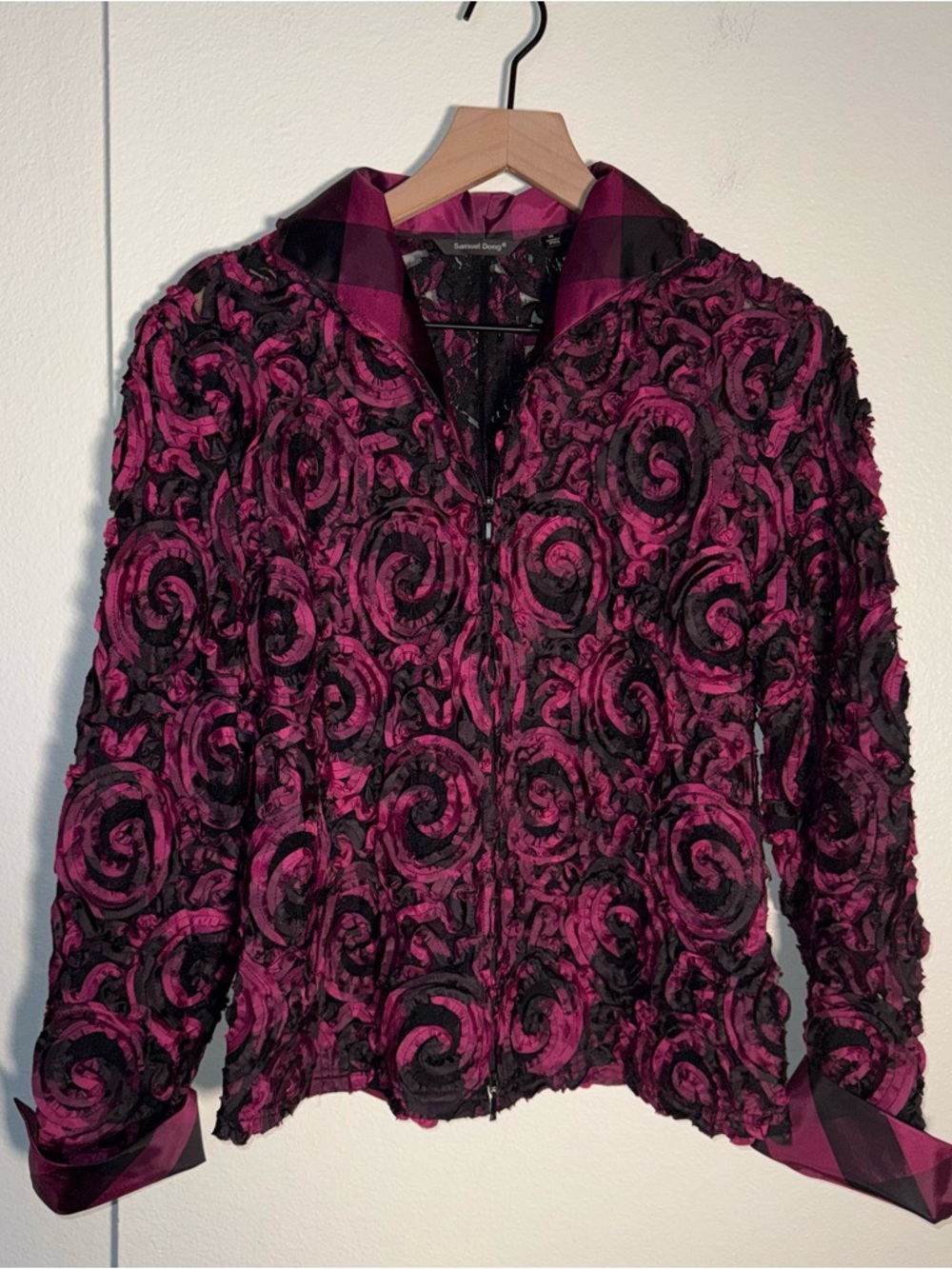 SAMUEL DONG art deco lace textured metallic zip up blouse M